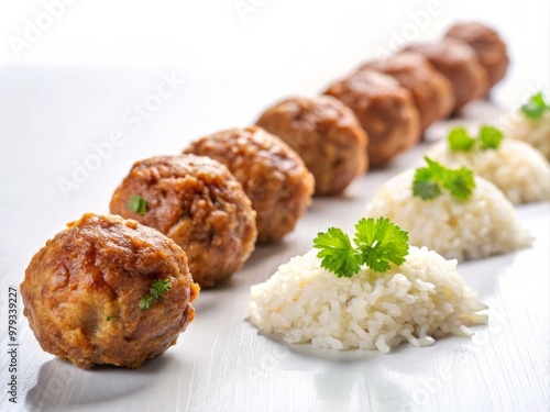 Meatballs neatly lined up in a row, with a small pile of fluffy rice behind them, against a crisp white backdrop