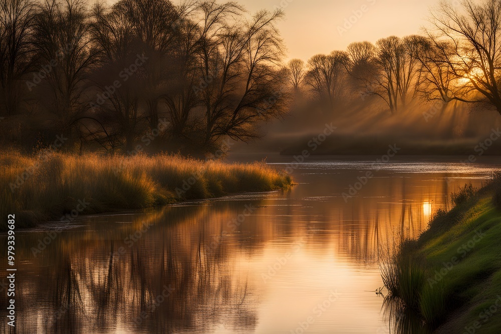 A quiet riverbank bathed in the soft glow of the setting sun with gentle ripples on the water, AI Generated A quiet riverbank bathed in the soft glow of the setting sun with gentle ripples on the water, AI Generated