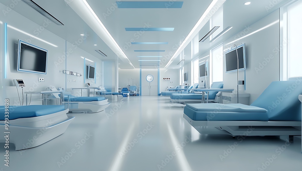 Futuristic Hospital Room with High-Tech Medical Beds and Window Views Futuristic Hospital Room with High-Tech Medical Beds and Window Views