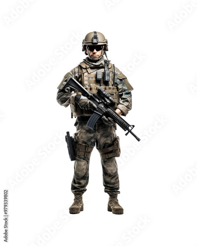 Soldier in camouflage uniform with assault rifle for military, army, combat, war, security, defense, protection, and armed forces concepts. Generative AI photo