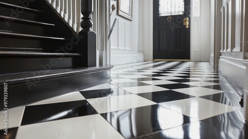 In a classic Victorian-style home, an installer is placing checkerboard tiles in black and white on the floor of a grand entrance hall © WITTAYA  ANGMUJCHA