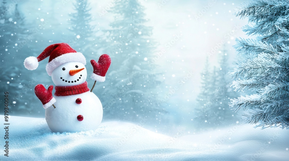 Fototapeta premium cute smiling snowman in santa hat, red scarf and mittens on snow, christmas card