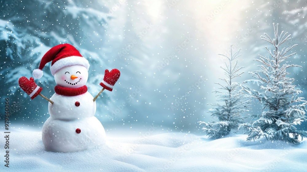 cute smiling snowman in santa hat, red scarf and mittens on snow, christmas card cute smiling snowman in santa hat, red scarf and mittens on snow, christmas card