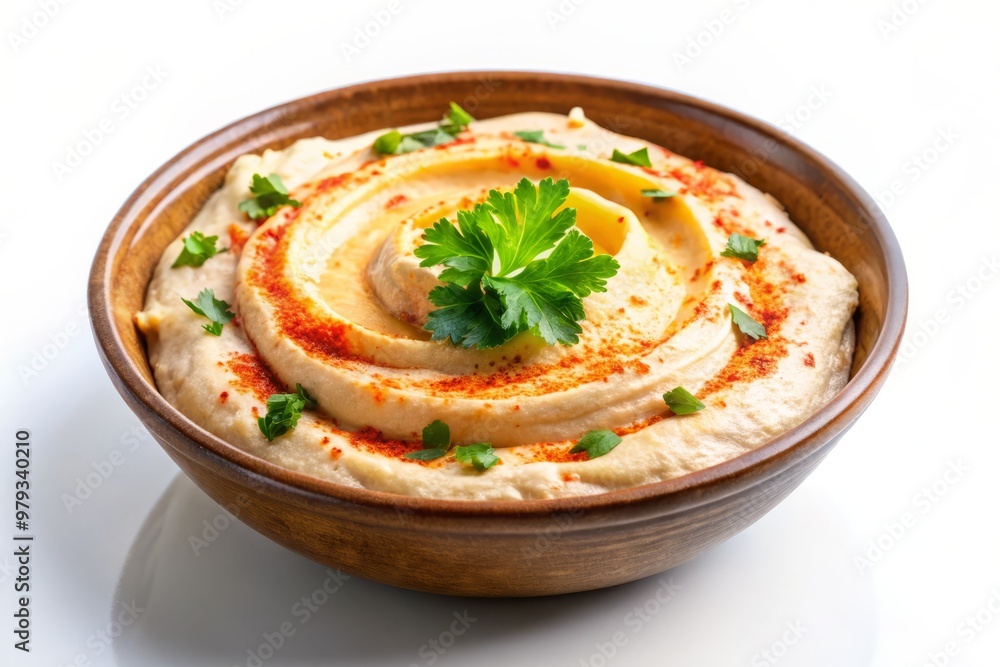 Traditional Middle Eastern dip made from chickpeas, tahini, garlic, and lemon juice, garnished with paprika and parsley, on a clean white background Traditional Middle Eastern dip made from chickpeas, tahini, garlic, and lemon juice, garnished with paprika and parsley, on a clean white background