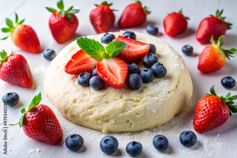 Fermented cassava dough on a plain white background, garnished with sliced strawberries and blueberries Fermented cassava dough on a plain white background, garnished with sliced strawberries and blueberries