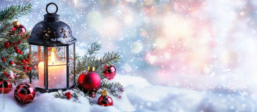 Christmas and New Year background with space for text: lantern, fir branches and Christmas decorations on a blue background Christmas and New Year background with space for text: lantern, fir branches and Christmas decorations on a blue background