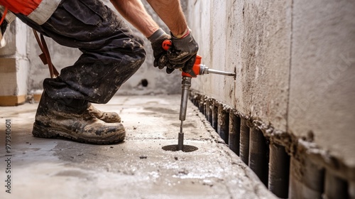 In a residential basement, a worker is installing a sump pump drainage pipe