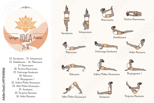 Hand drawn hatha yoga poses and their sanskrit names, Iyangar yoga asanas 23-36