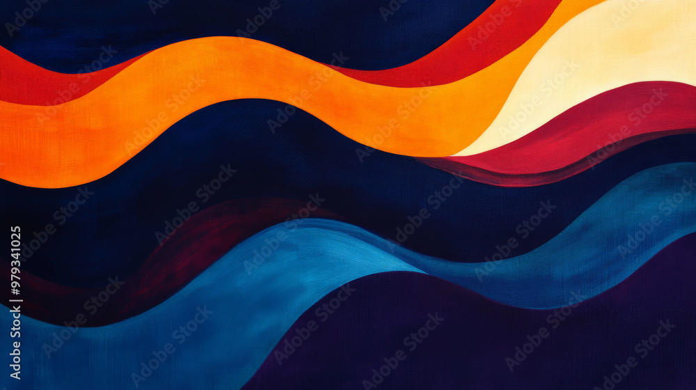 Fototapeta premium A bold dynamic wave composition with deep navy blue, rich crimson, and bright orange, creating flowing, abstract shapes with high energy.
