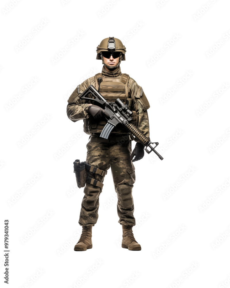 Soldier in camouflage uniform with assault rifle for military, army, combat, war, security, defense, protection, and armed forces concepts. Generative AI Soldier in camouflage uniform with assault rifle for military, army, combat, war, security, defense, protection, and armed forces concepts. Generative AI