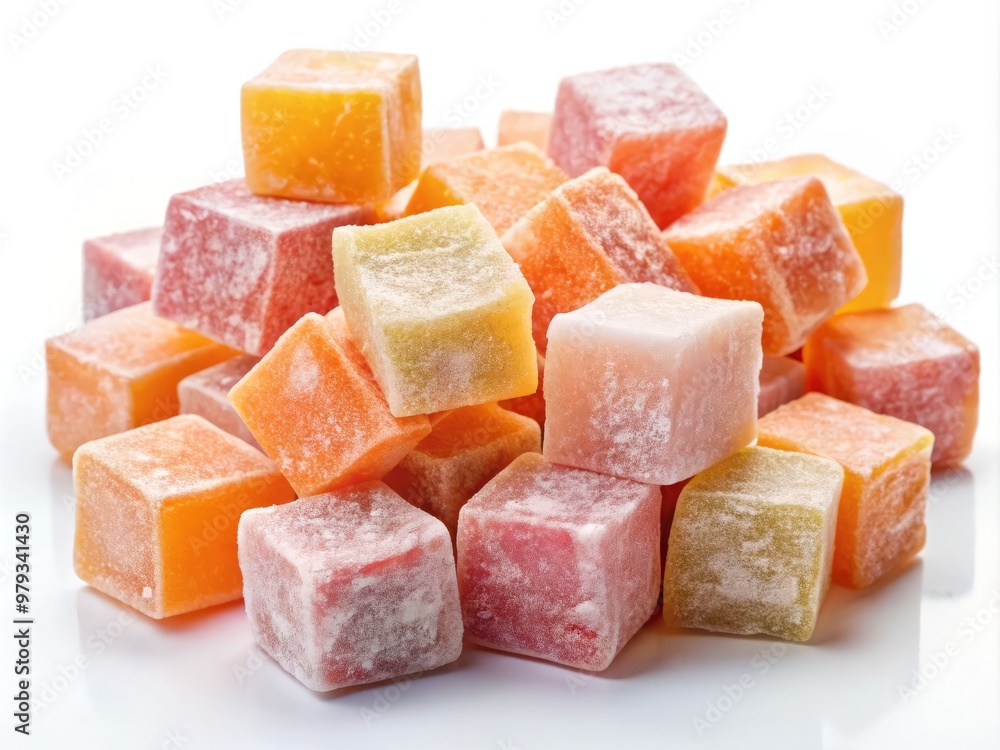 Delicate, hand-crafted Lokum cubes in varying hues of orange and pink are artfully arranged to evoke a sense of whimsy and wonder, against the pristine backdrop of white. Delicate, hand-crafted Lokum cubes in varying hues of orange and pink are artfully arranged to evoke a sense of whimsy and wonder, against the pristine backdrop of white.