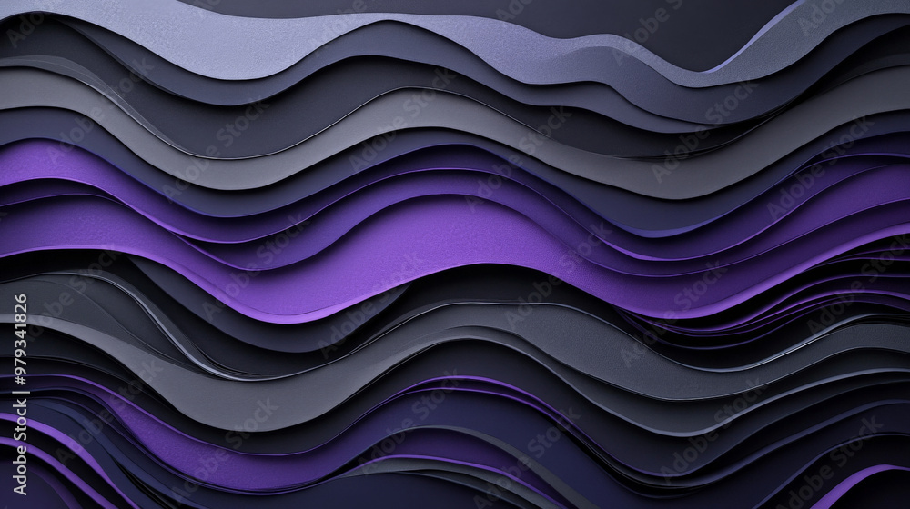 A bold, dark paper cut wave design in deep purple, charcoal gray, and metallic silver, with sharp, layered shapes for a dramatic look. A bold, dark paper cut wave design in deep purple, charcoal gray, and metallic silver, with sharp, layered shapes for a dramatic look.