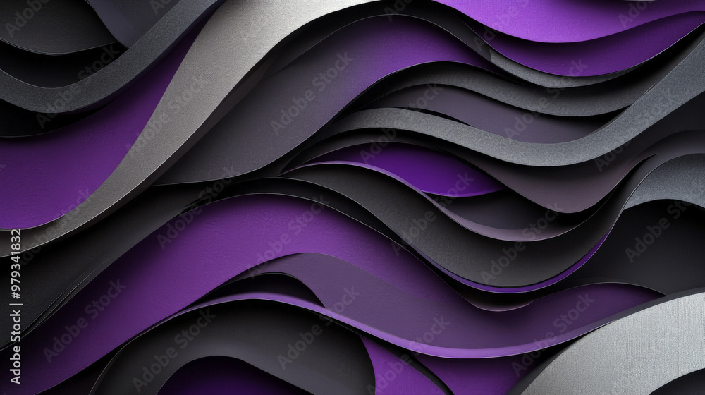 A bold, dark paper cut wave design in deep purple, charcoal gray, and metallic silver, with sharp, layered shapes for a dramatic look. A bold, dark paper cut wave design in deep purple, charcoal gray, and metallic silver, with sharp, layered shapes for a dramatic look.