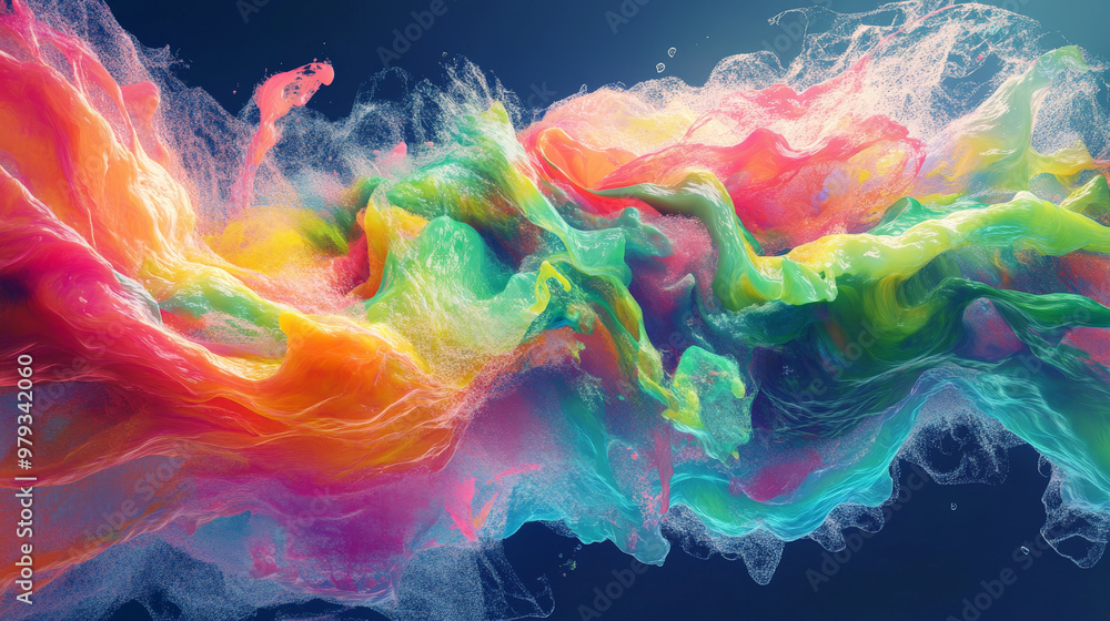 A bold, dynamic wave composition with vibrant colors like coral, neon green, and electric blue, forming abstract shapes with high energy. A bold, dynamic wave composition with vibrant colors like coral, neon green, and electric blue, forming abstract shapes with high energy.