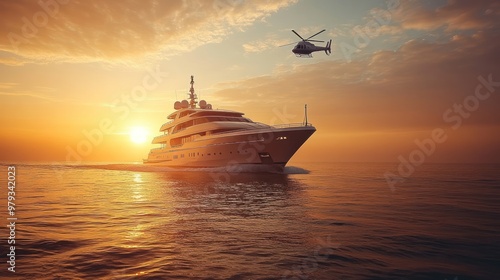 Luxury Yacht Sailing at Sunset with Helicopter