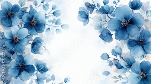 Fototapeta Naklejka Na Ścianę i Meble -  Blue watercolor blooms in a delicate border for cards, close-up
