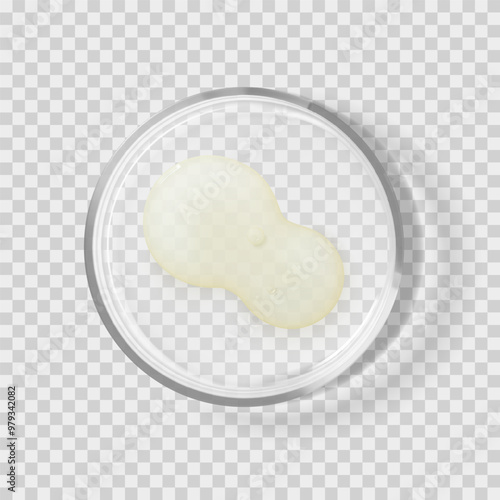 Yellow skincare serum blob on petri dish isolated realistic vector illustration. Concept cosmetic laboratory tests and research