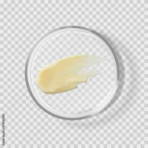 Yellow lip balm smear on petri dish isolated realistic vector illustration. Concept cosmetic laboratory tests and research