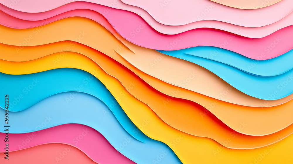 A bright, colorful abstract paper cut wave design with wavy shapes in coral, sky blue, and sunny yellow, creating a fun, dynamic background. A bright, colorful abstract paper cut wave design with wavy shapes in coral, sky blue, and sunny yellow, creating a fun, dynamic background.