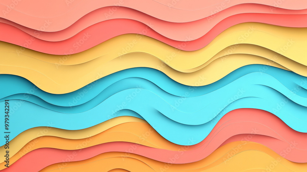 A bright, colorful abstract paper cut wave design with wavy shapes in coral, sky blue, and sunny yellow, creating a fun, dynamic background.