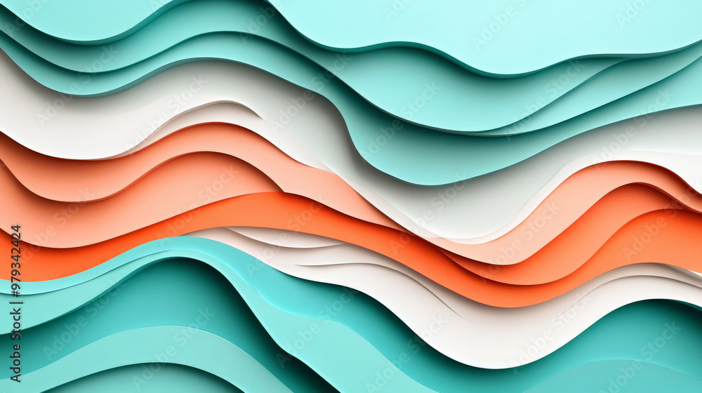 A bright, modern paper cut wave design with wavy shapes in teal, coral, and light grey, creating a fresh, dynamic look. A bright, modern paper cut wave design with wavy shapes in teal, coral, and light grey, creating a fresh, dynamic look.