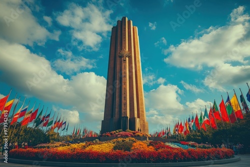 A tall monument surrounded by colorful flowers and international flags under a blue sky. photo