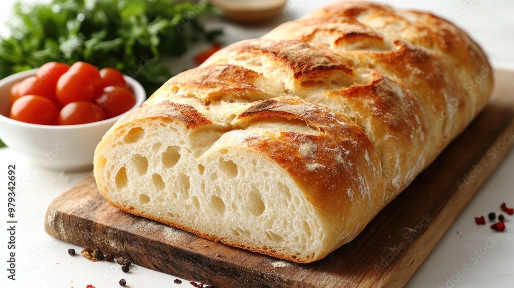 Freshly baked bread on a wooden board with cherry tomatoes. Freshly baked bread on a wooden board with cherry tomatoes.