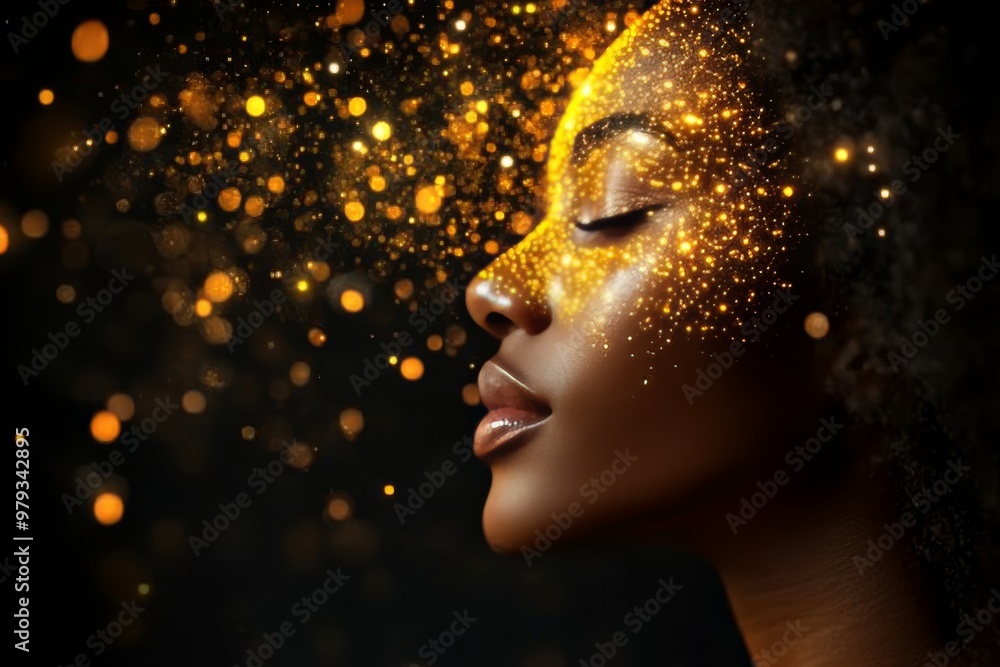 Womans profile illuminated by golden particles symbolizing calm self reflection and the serenity of mind in harmony with the surrounding light in a peaceful dreamlike setting Womans profile illuminated by golden particles symbolizing calm self reflection and the serenity of mind in harmony with the surrounding light in a peaceful dreamlike setting