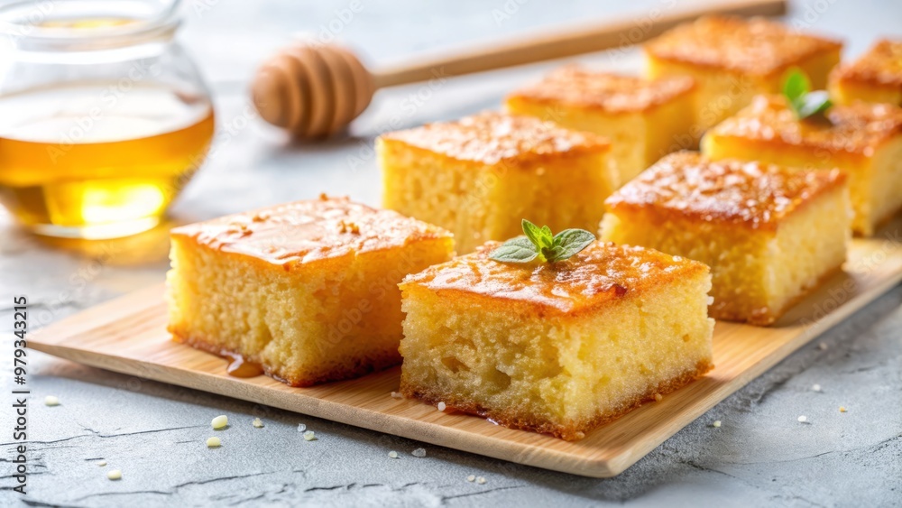Revani squares with a light drizzle of honey, fresh out of the oven, resting on a clean white surface Revani squares with a light drizzle of honey, fresh out of the oven, resting on a clean white surface
