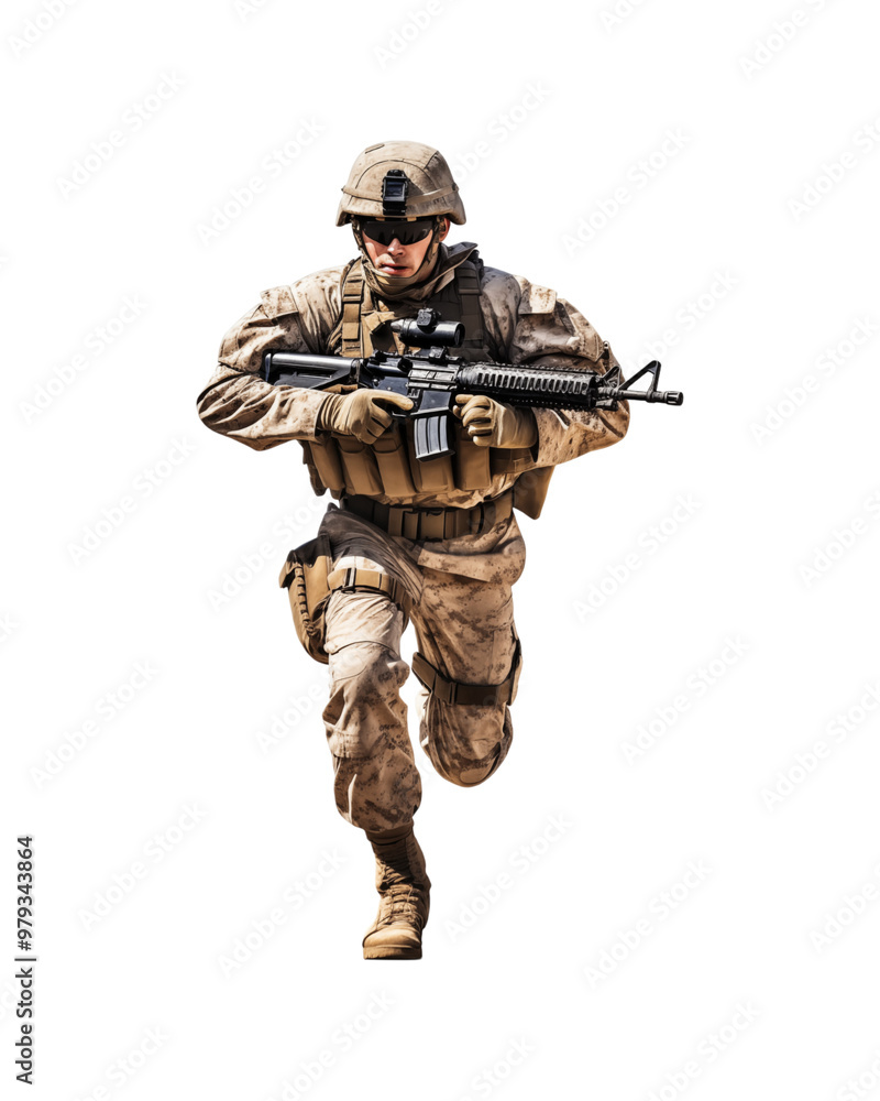 Soldier in camouflage uniform with assault rifle for military, army, combat, war, security, defense, protection, and armed forces concepts. Generative AI Soldier in camouflage uniform with assault rifle for military, army, combat, war, security, defense, protection, and armed forces concepts. Generative AI