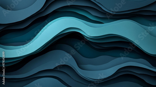 A deep, layered paper cut wave background in dark navy blue and teal, with smooth flowing shapes that create a sense of depth and motion.