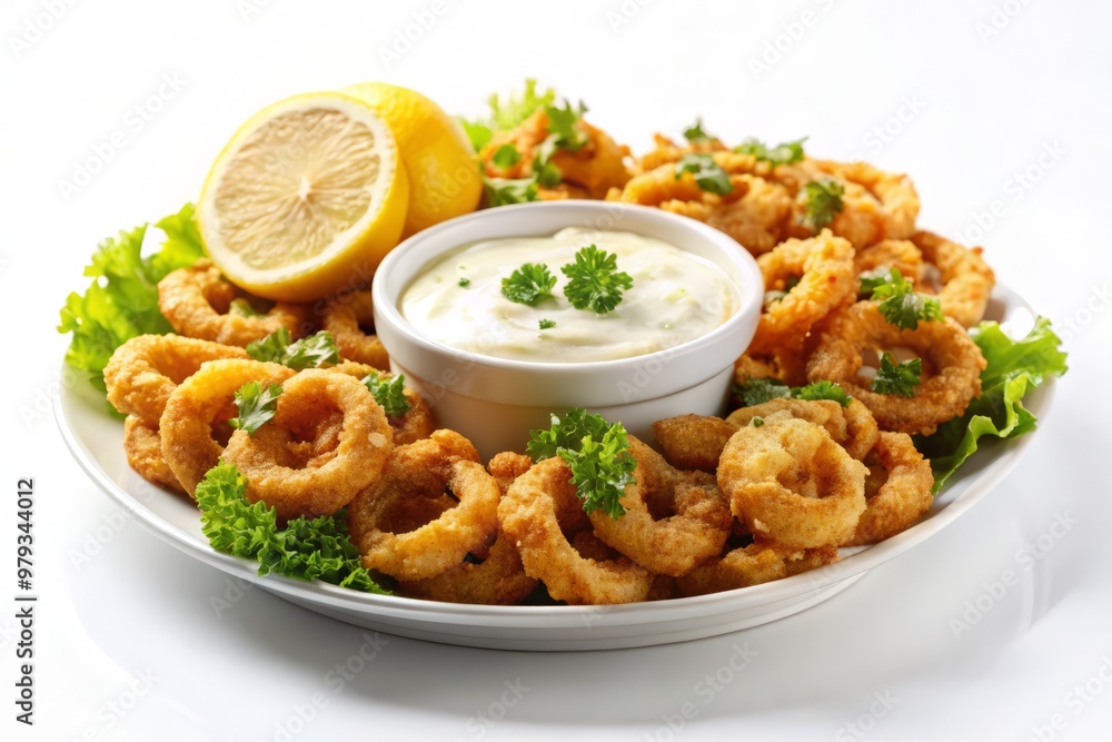 A flavorful and crispy fried calamari platter, garnished with a slice of juicy lemon and a dollop of creamy tartar sauce, set against a spotless white canvas A flavorful and crispy fried calamari platter, garnished with a slice of juicy lemon and a dollop of creamy tartar sauce, set against a spotless white canvas