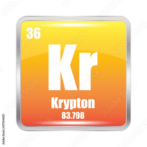 Krypton icon. Kr chemical element. Atomic number 36. Mass 83.798. Yellow background. photo