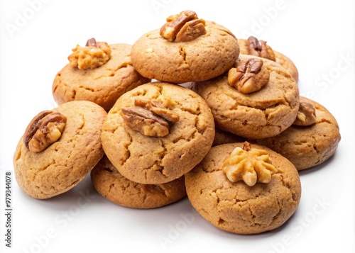 Classic walnut cookies from Greece, isolated on a white studio background, perfect for toppings