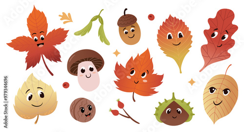 Cute autumn characters. Leaves, mushroom, nuts. Funny anthropomorphic faces. Vector colorful illustration set.