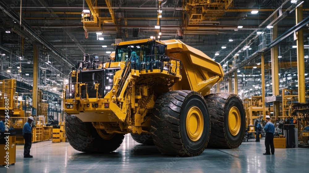 In the final assembly and inspection area, a fully constructed earthmover is being inspected before shipping In the final assembly and inspection area, a fully constructed earthmover is being inspected before shipping