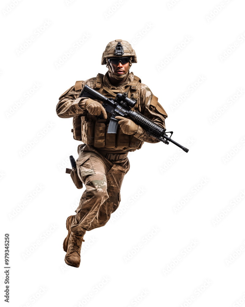 Soldier in camouflage uniform with assault rifle for military, army, combat, war, security, defense, protection, and armed forces concepts. Generative AI Soldier in camouflage uniform with assault rifle for military, army, combat, war, security, defense, protection, and armed forces concepts. Generative AI