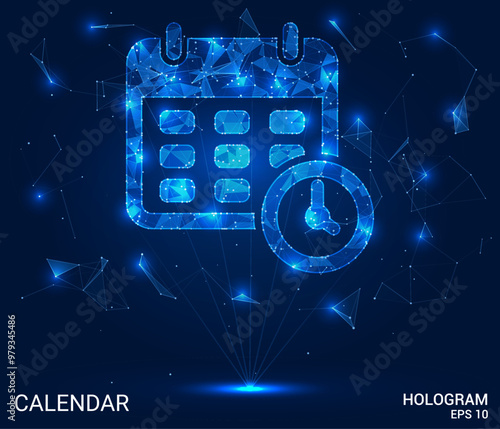Hologram calendar. The calendar icon consists of polygons, triangles of dots and lines. The calendar is a low-poly compound structure. Technology concept vector.