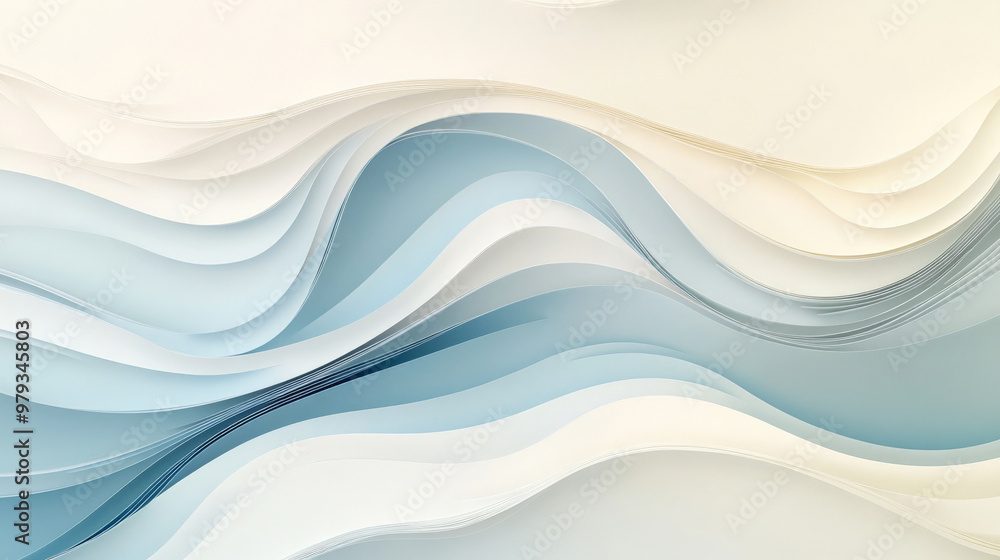 Naklejka premium A minimalist abstract paper cut wave design with soft flowing layers in white, cream, and pale blue, creating a clean, elegant look.