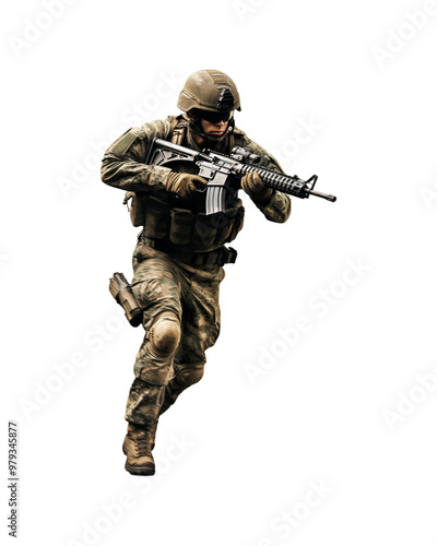 Soldier in camouflage uniform with assault rifle for military, army, combat, war, security, defense, protection, and armed forces concepts. Generative AI