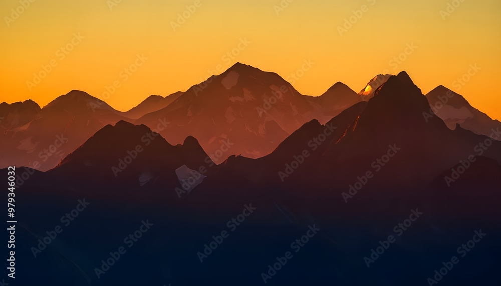 Silhouetted mountains against a vibrant sunset sky with warm sunlight glowing on their peaks, Ai Generated Silhouetted mountains against a vibrant sunset sky with warm sunlight glowing on their peaks, Ai Generated