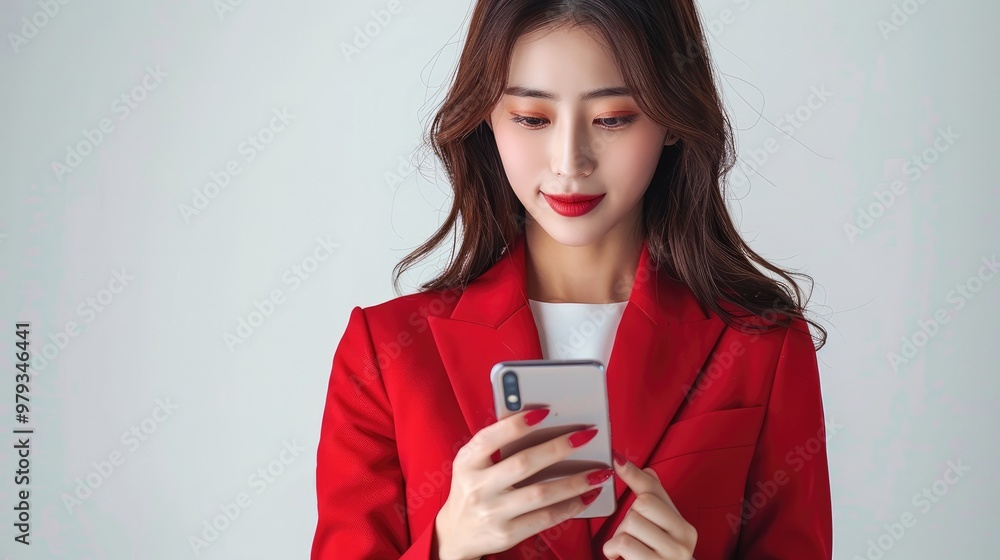 A beautiful Asian businesswoman using a smartphone on a white background, wearing a red suit. Generative AI. A beautiful Asian businesswoman using a smartphone on a white background, wearing a red suit. Generative AI.