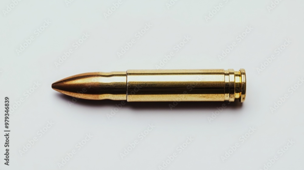 A single bullet lying horizontally on a plain white background, with sharp focus on the metallic details of the cartridge A single bullet lying horizontally on a plain white background, with sharp focus on the metallic details of the cartridge