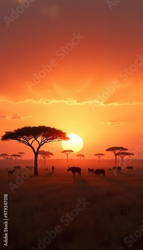 Beautiful African sunset with acacia trees and wildlife phone wallpaper