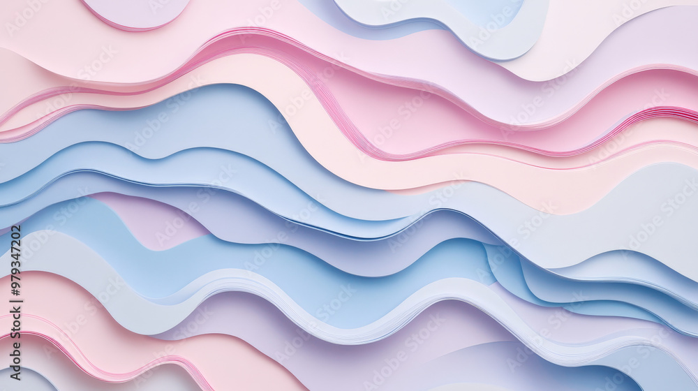 A paper cut design with fluid, wavy shapes in soft pastel pink, sky blue, and lavender, with subtle layers adding depth and softness. A paper cut design with fluid, wavy shapes in soft pastel pink, sky blue, and lavender, with subtle layers adding depth and softness.