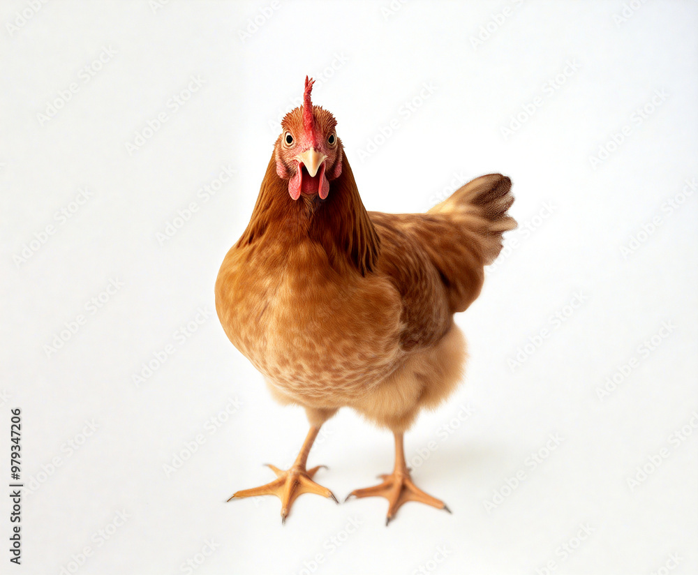 Fototapeta premium Curious brown hen standing on white background