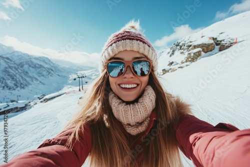 Smiling Woman in Winter Gear Taking a Selfie in the Mountains