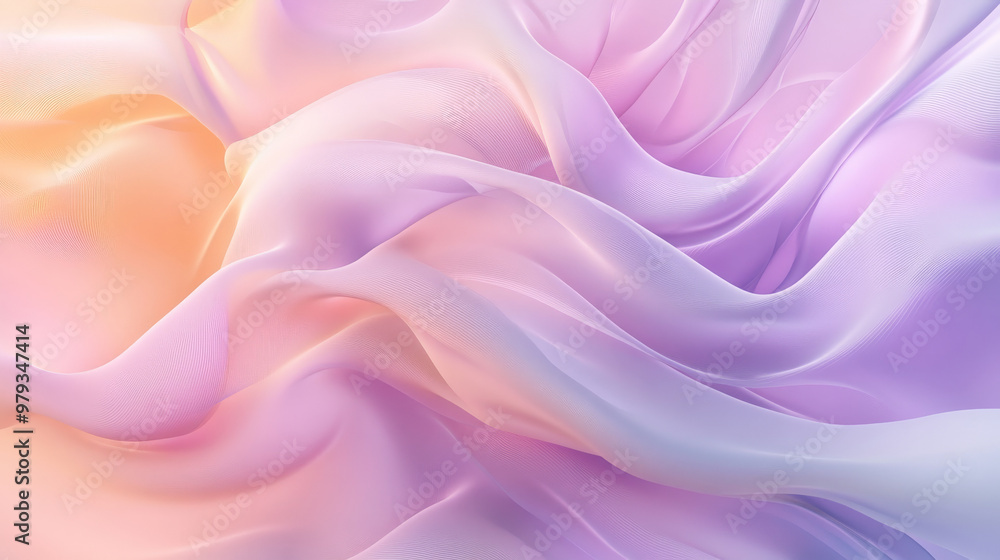 Fototapeta premium A serene gradient of light pink, lavender, and pale yellow with dynamic swirling abstract shapes forming a calming design.