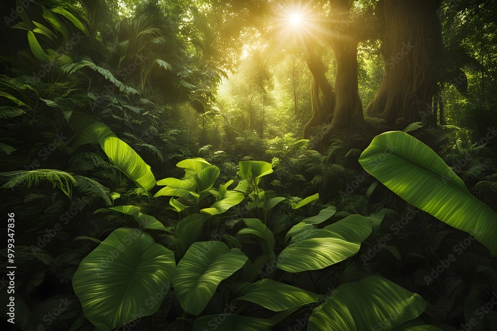 Naklejka premium Sunlight filtering through the leaves of a tropical rainforest creating a warm glowing atmosphere, AI Generated