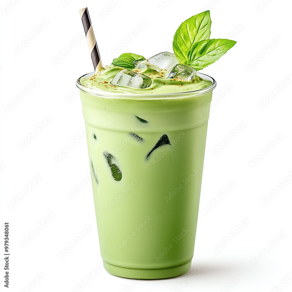 Refresh yourself with this vibrant green iced drink, garnished with fresh mint leaves and served with a striped straw. Refresh yourself with this vibrant green iced drink, garnished with fresh mint leaves and served with a striped straw.